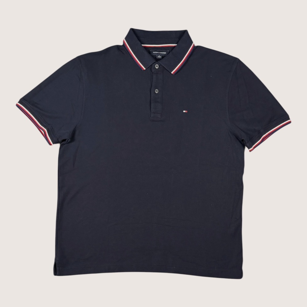 Tommy Hilfiger Tipped Pique Polo Shirt Men XL Navy Blue Regular Fit Short Sleeve